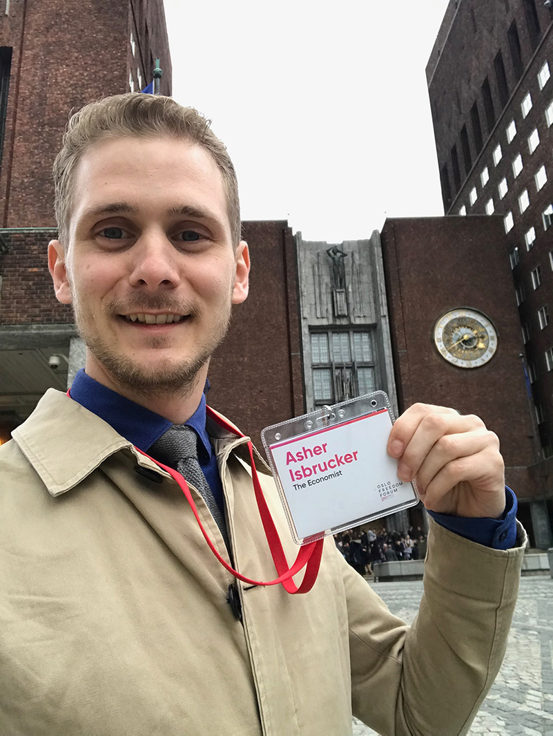 Attending the Oslo Freedom Forum in Norway, when I worked as a video journalist at <i>The Economist</i>. I've had the pleasure of attending this inspiring multi-day conference twice.